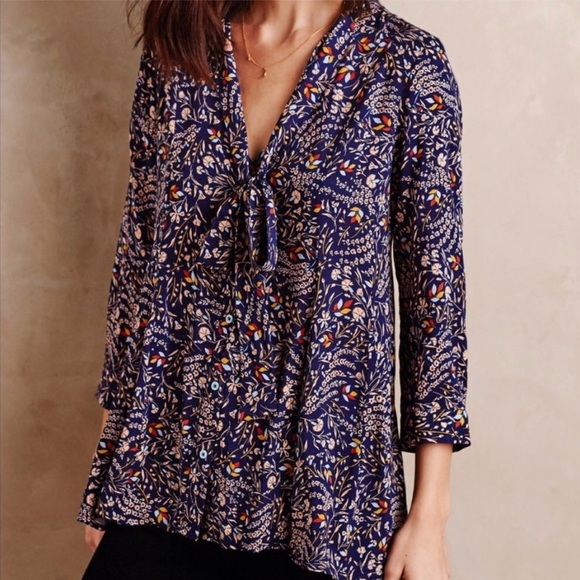 Anthropologie Tops - ANTHRO Maeve Tie Neck Swing Blouse Floral XS Boho